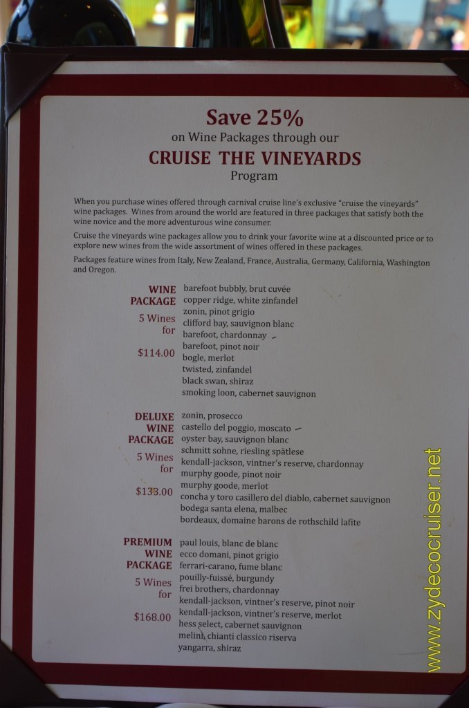 029: Carnival Magic, BC5, John Heald's Bloggers Cruise 5, Embarkation Day, Wine Packages (they will add 15% gratuity to them)