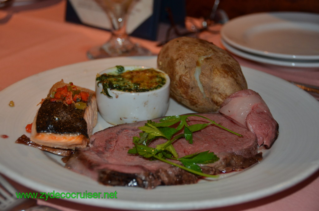 Carnival Conquest Tender Roasted Prime Rib of American Beef au jus with a side of Broiled Filet of Norwegian Salmon