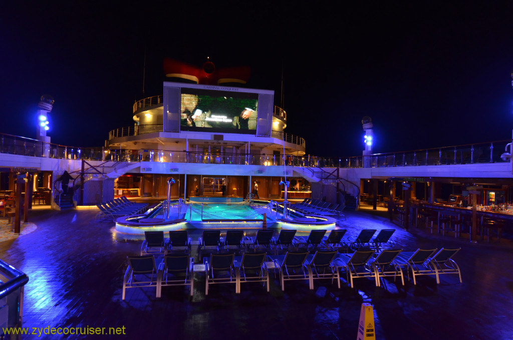 167: Carnival Conquest, New Orleans, Embarkation, Lido at night, Sun Pool, Seaside Theatre, 