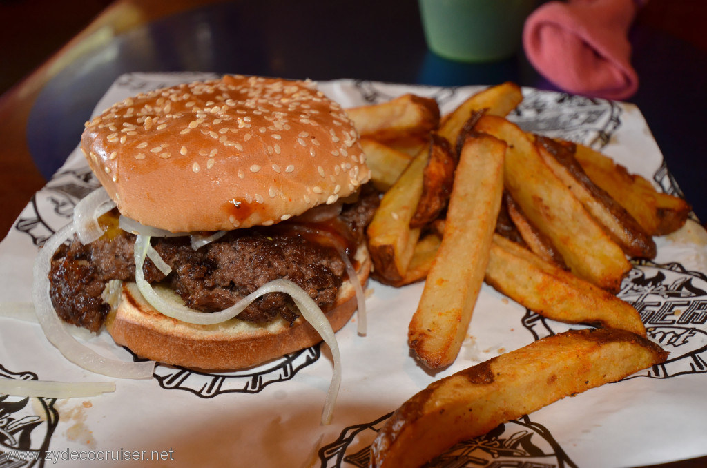 015: Carnival Conquest, Fun Ship 2.0, Guy's Burger Joint, Burger, no cheese, onions and bbq sauce, and fries