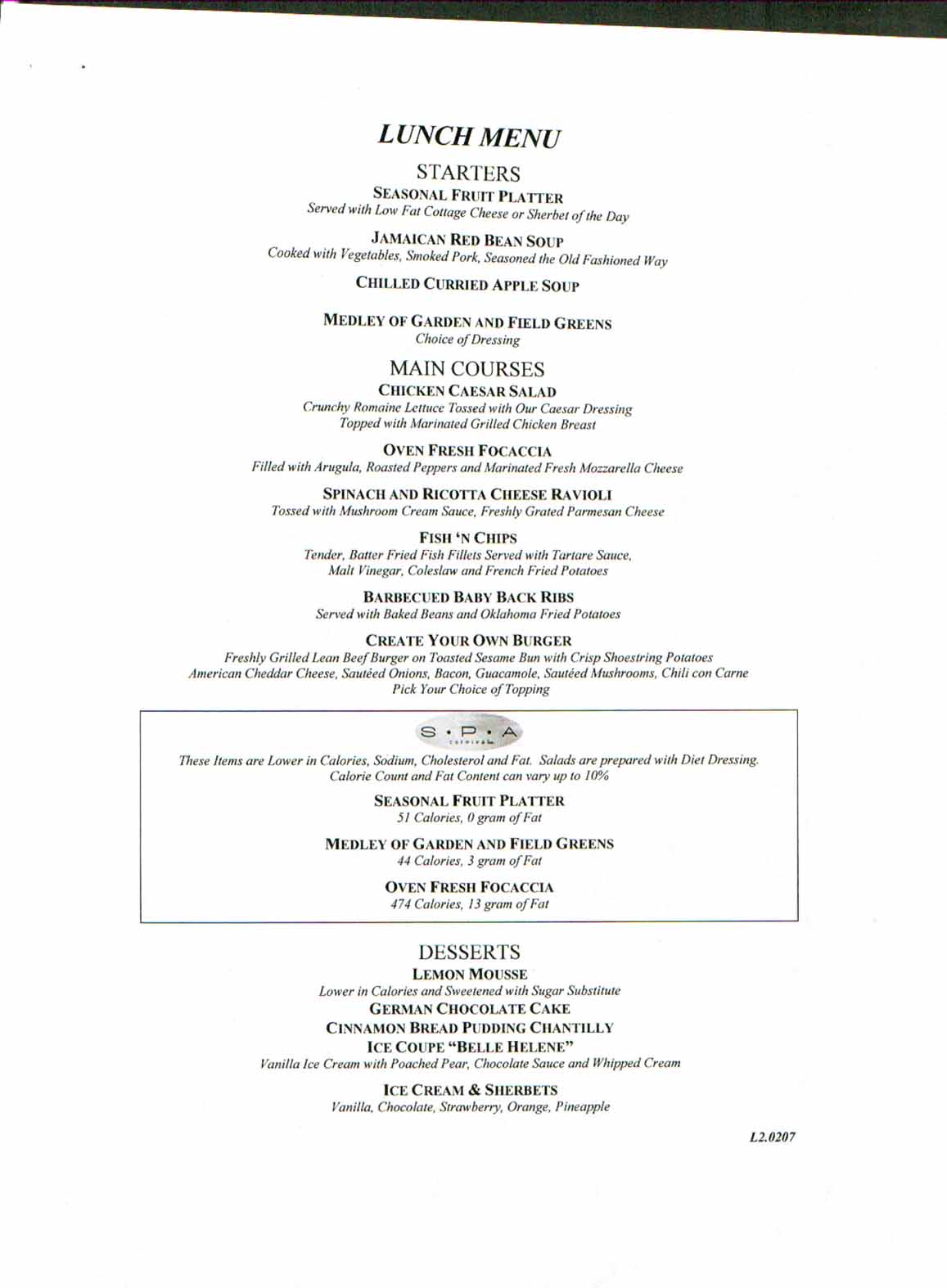 Carnival Dream Lunch Menu 2 (now they have a brunch instead)