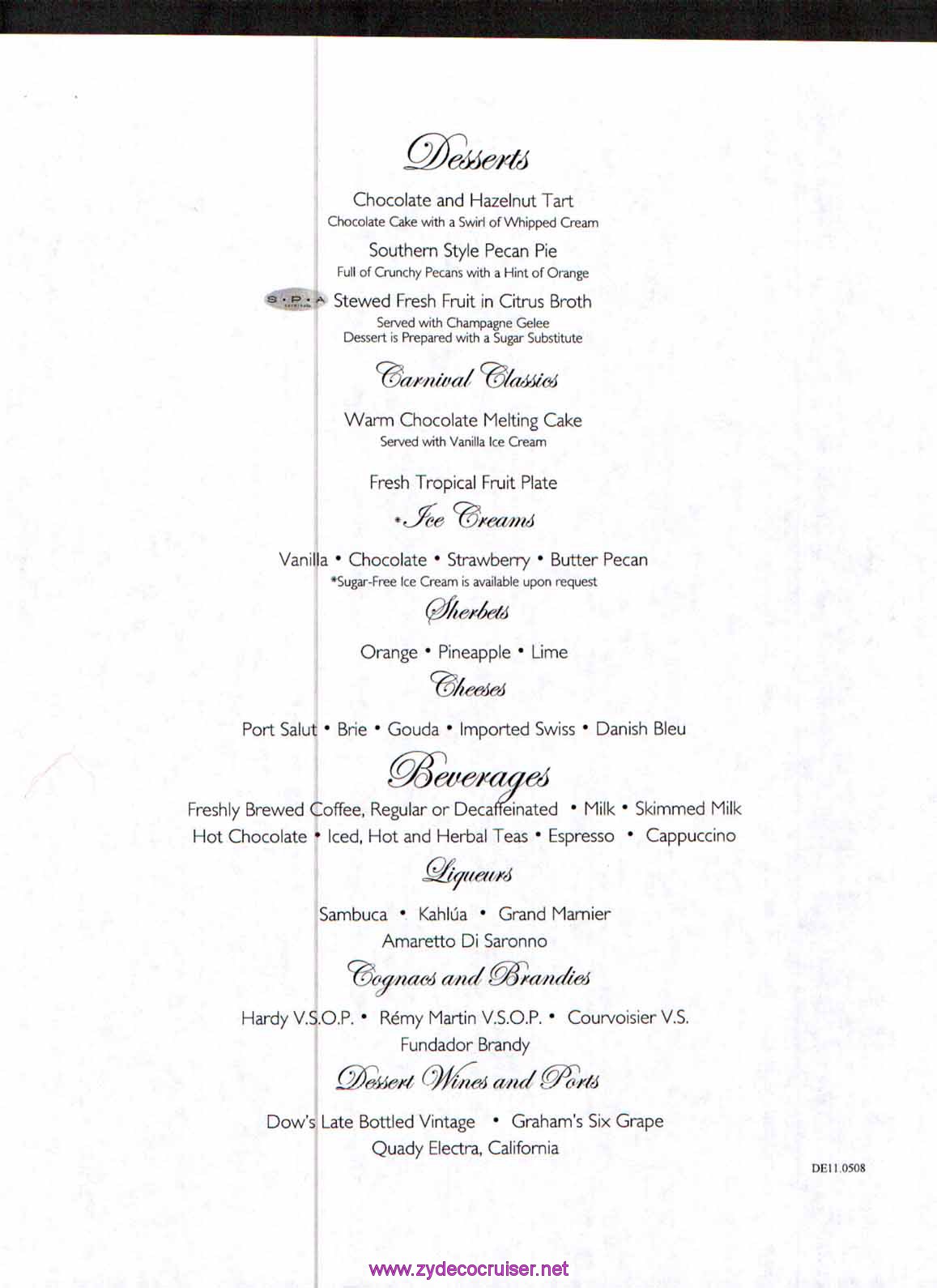 Carnival Dream Menu - DE11.0508