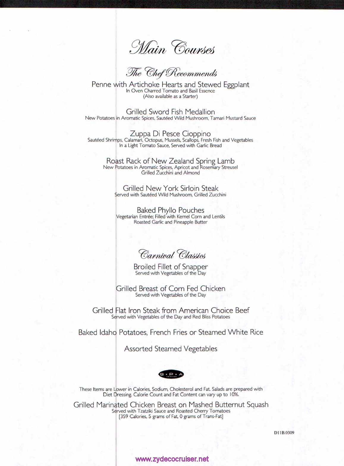 Carnival Dream Menu - D11B.0309