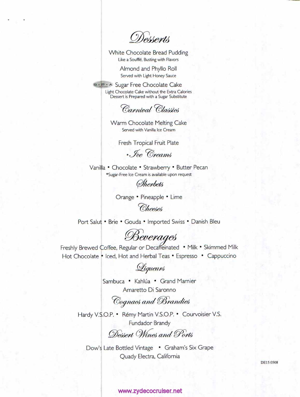 Carnival Dream Menu - DE15.0508