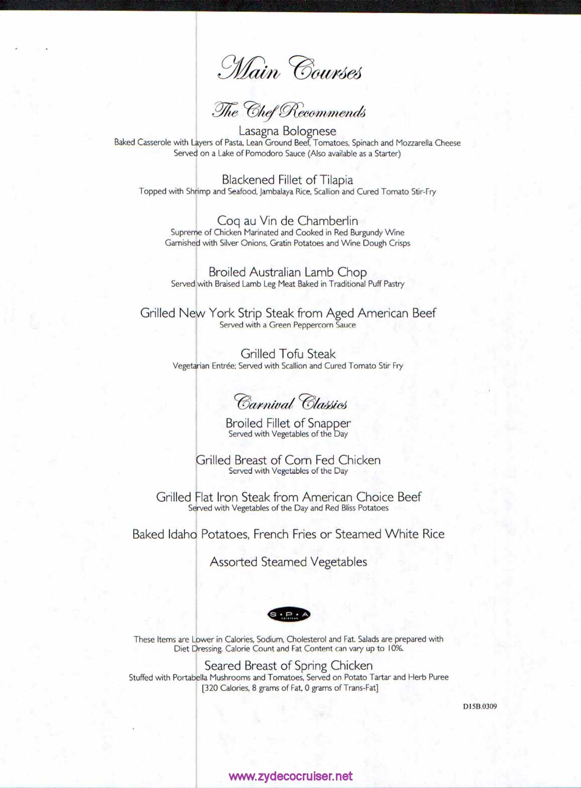 Carnival Dream Menu - D15B.0309