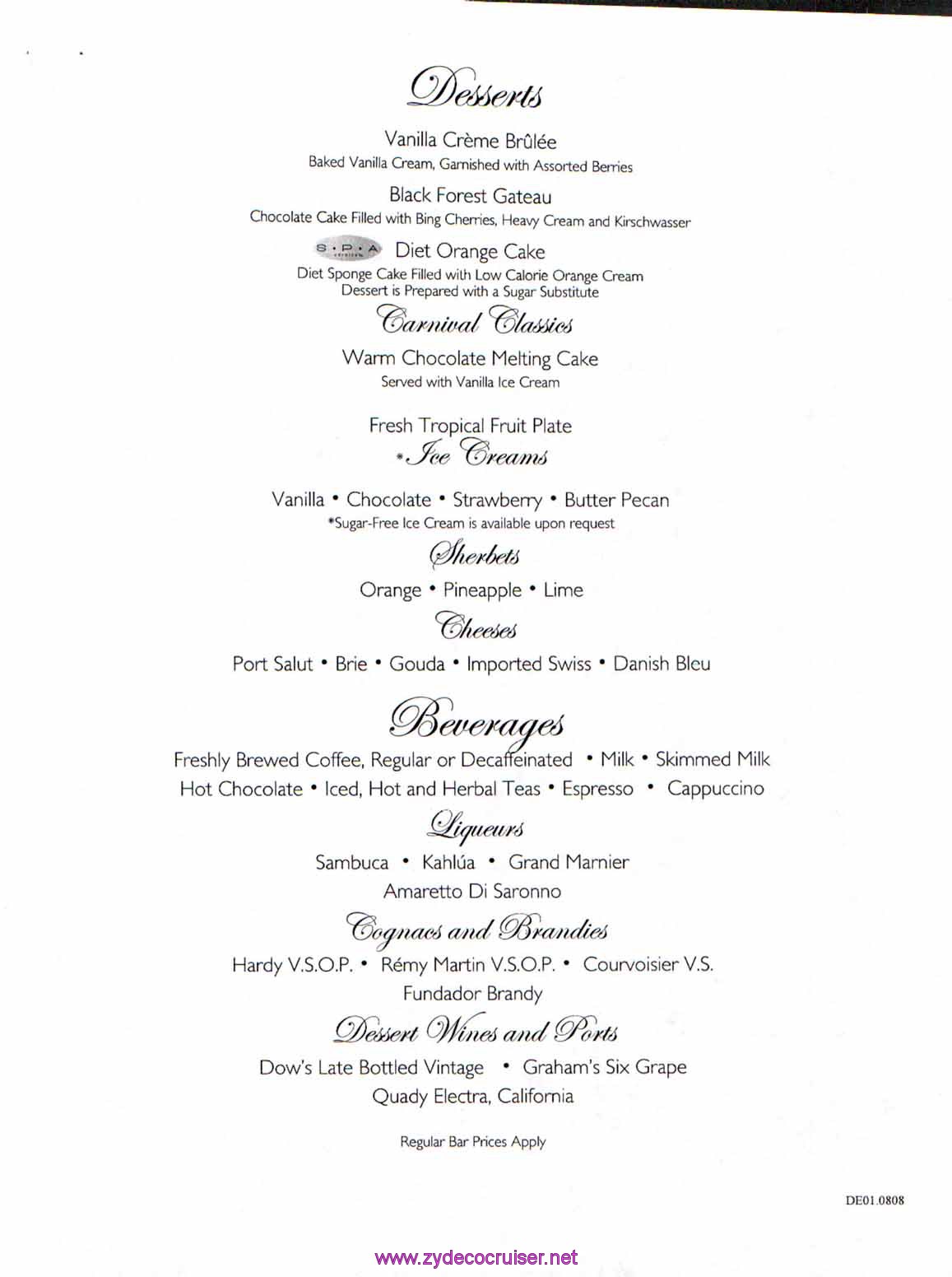 Carnival Dream Menu - DE01.0808