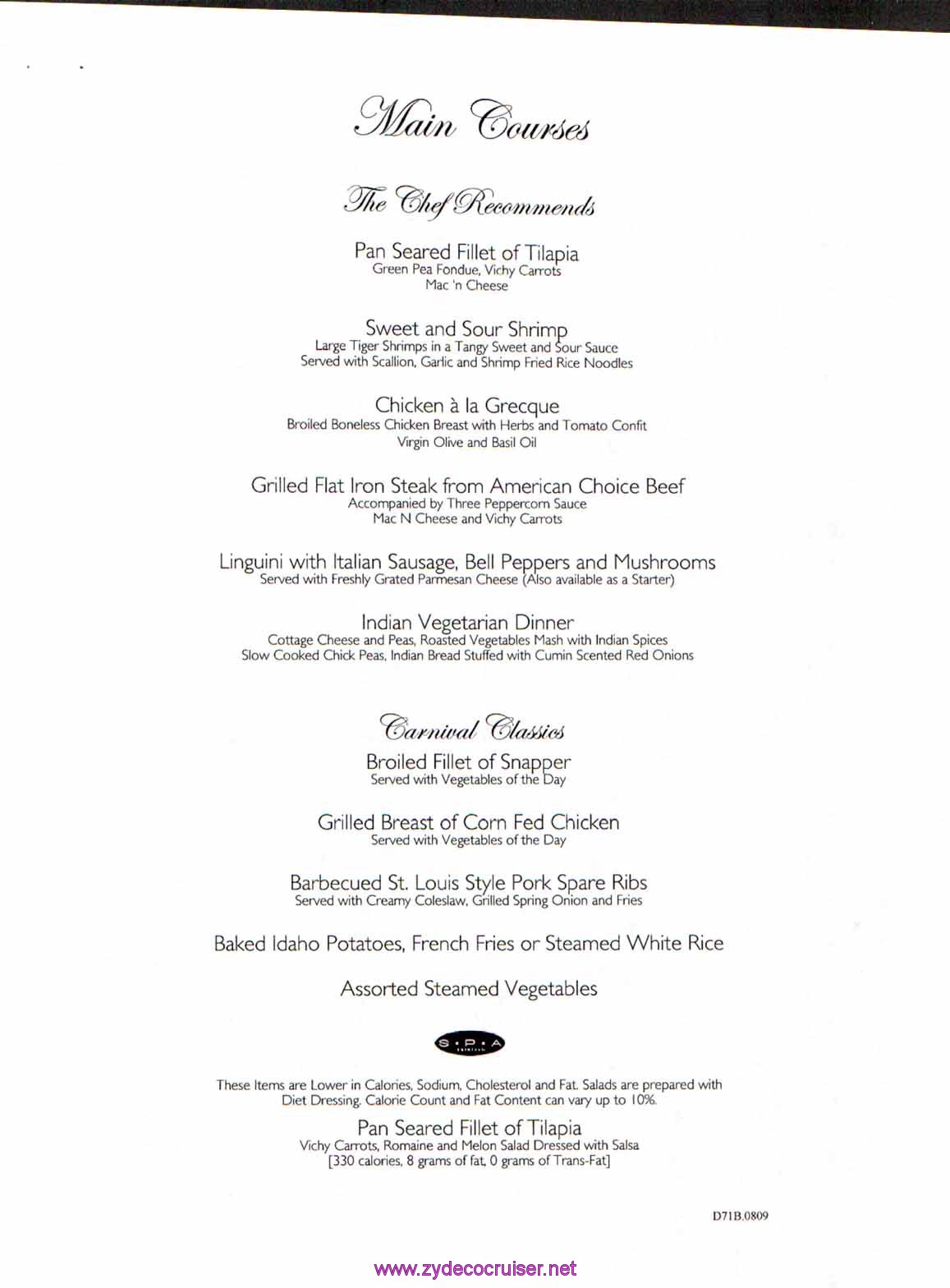 Carnival Dream Menu - D71B.0809