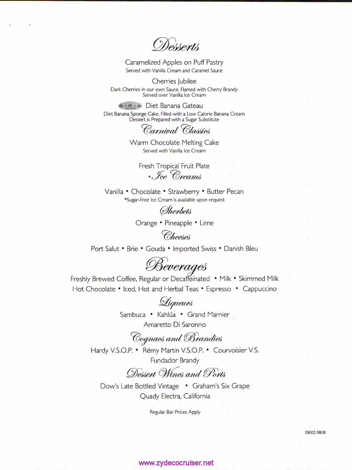 Carnival Dream Menu - DE02.0808