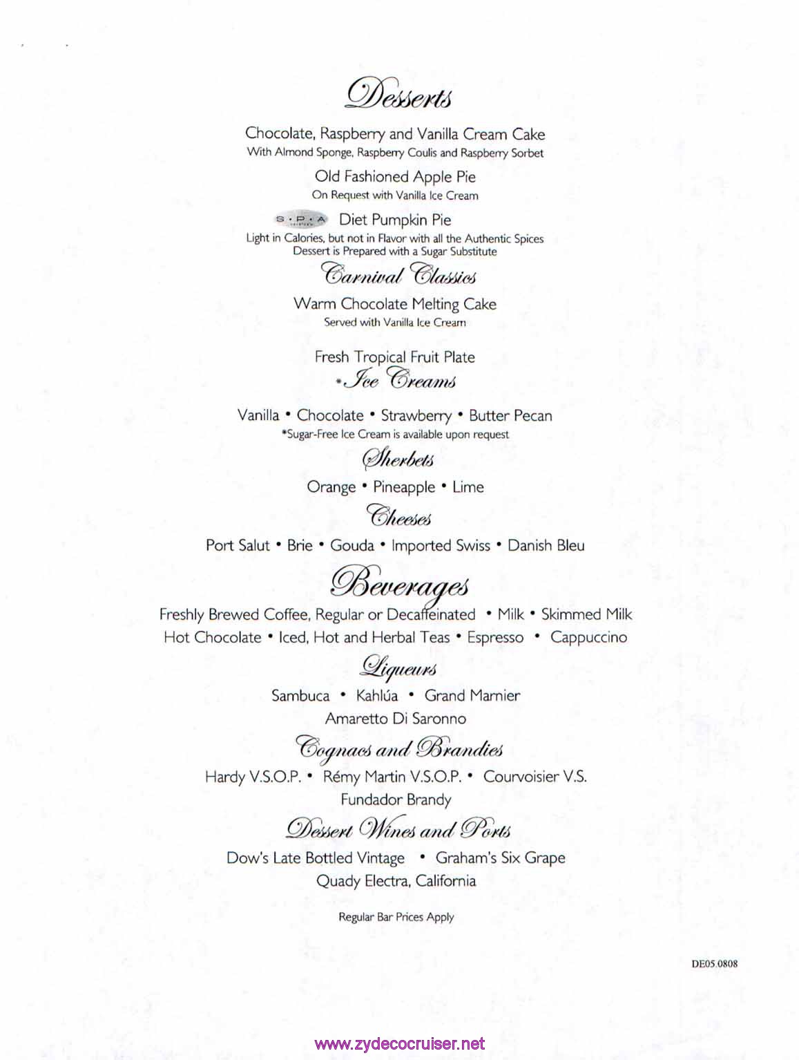 Carnival Dream Menu - DE05.0808