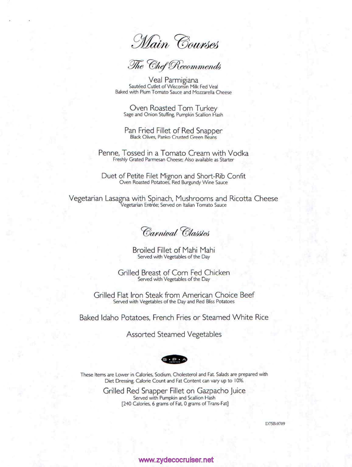 Carnival Dream Menu - D75B.0709