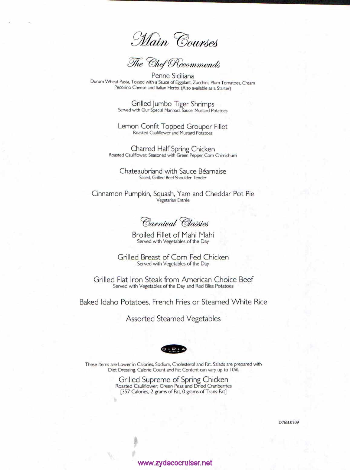 Carnival Dream Menu - D76B.0709