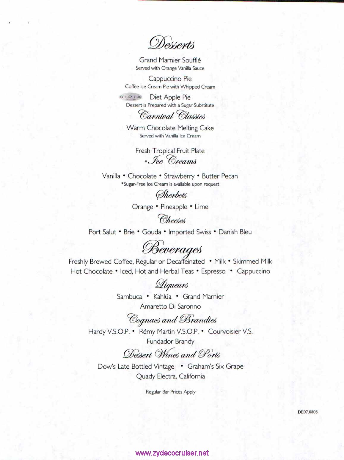 Carnival Dream Menu - DE07.0808