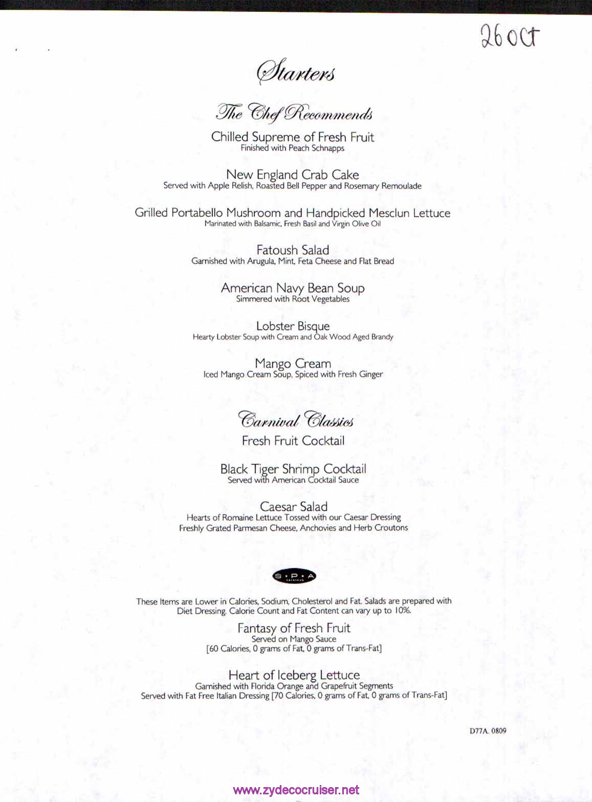 Carnival Dream Menu - D77A.0809