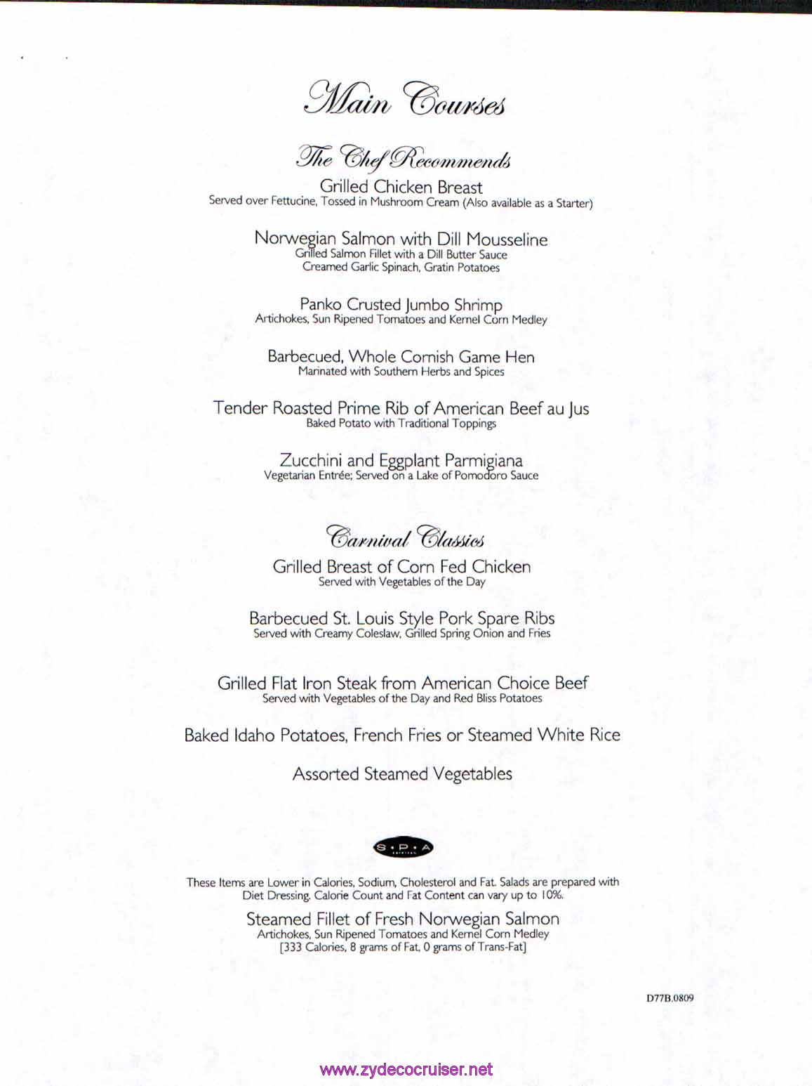 Carnival Dream Menu - D77B.0809