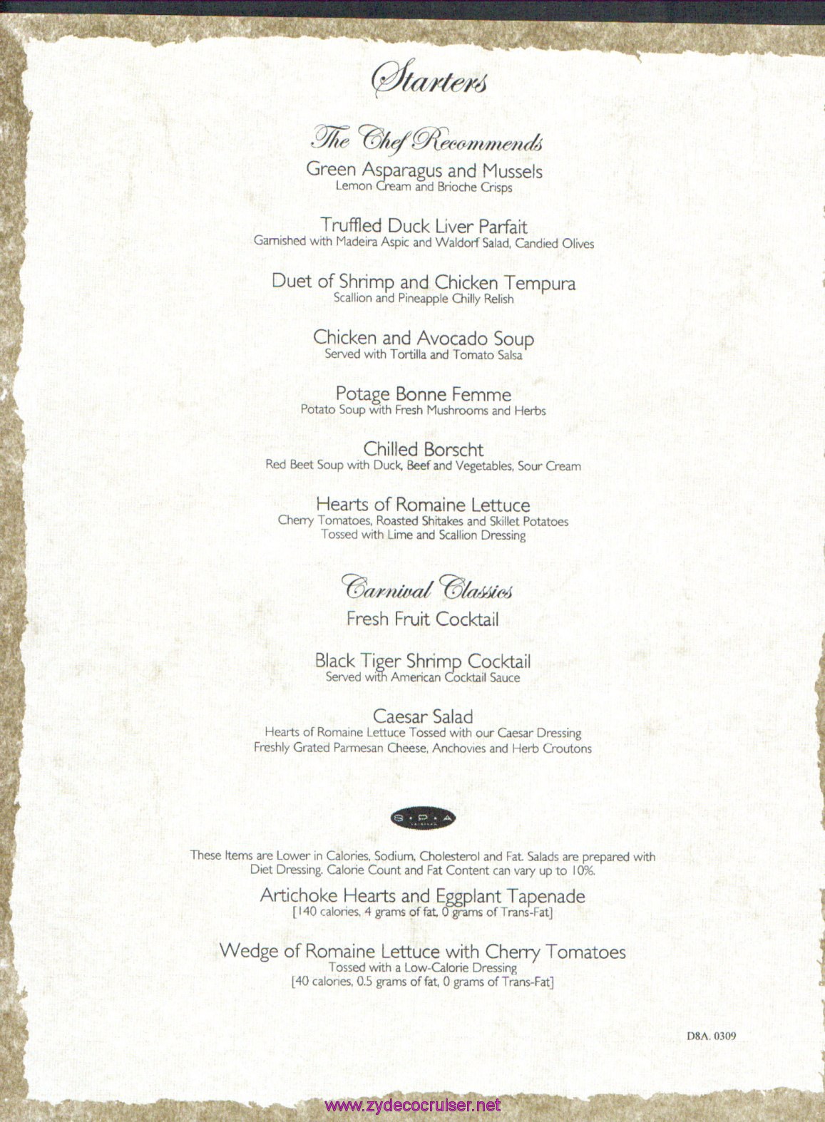 Carnival Dream Menu - D8A.0309