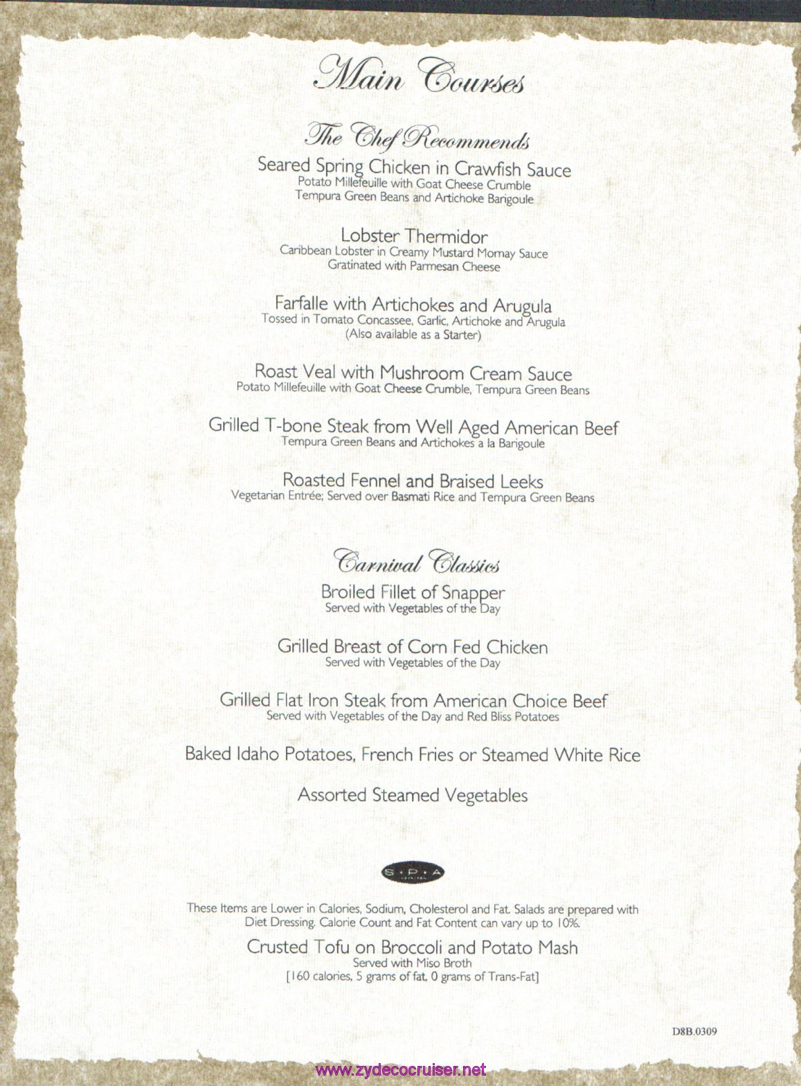 Carnival Dream Menu - D8B.0309