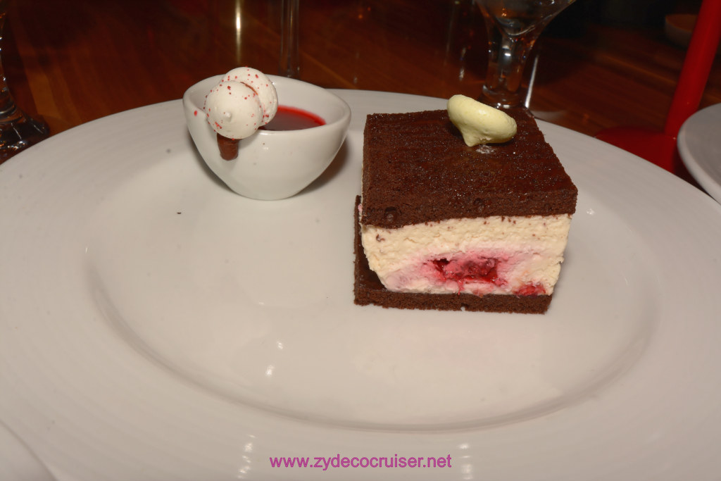 088: Carnival Horizon Transatlantic Cruise, Sea Day 6, MDR Dinner, Raspberry Chocolate Creme Cake