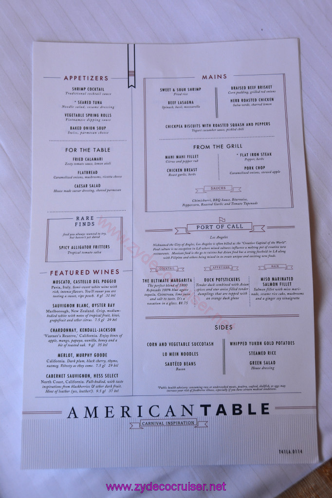 008: Carnival Inspiration 3 Day Cruise, Fun Day at Sea 1, American Table Dinner Menu, Los Angeles