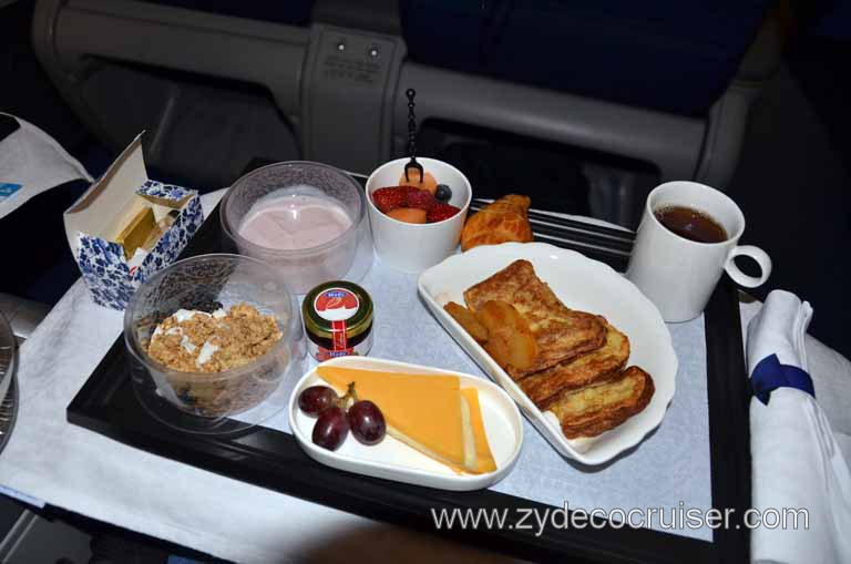028: KLM Flight 670, DFW - AMS, Apr 29, 2011, World Business Class, Getting Close to Amsterdam, Granola, Fruit Flavored Yogurt, Fresh Fruit, Apple-Cinnamon French Toast, Cheese, Coffee, Yum!