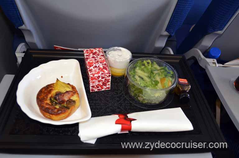 043: KLM flight, Amsterdam to Venice, Europe Business Select, Quiche Lorraine, Salad, and Dessert