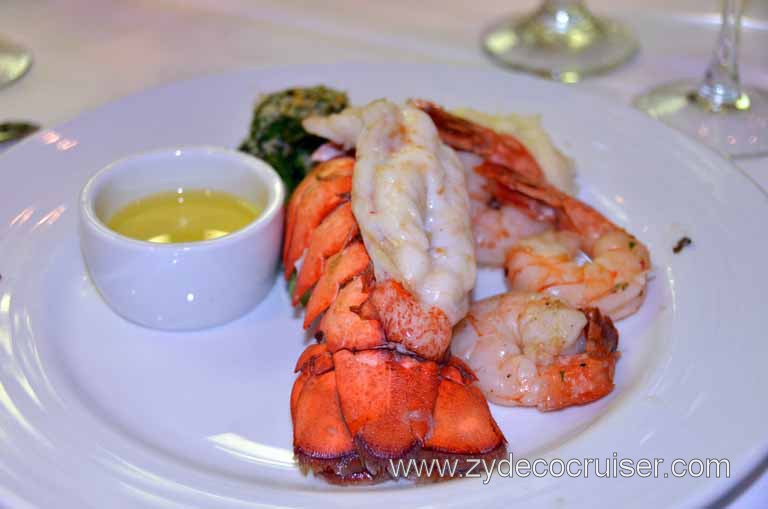 133: Carnival Magic, Inaugural Cruise, Sea Day 2, Dinner, Duet of Broiled Maine Lobster Tail and Jumbo Black Tiger Shrimp