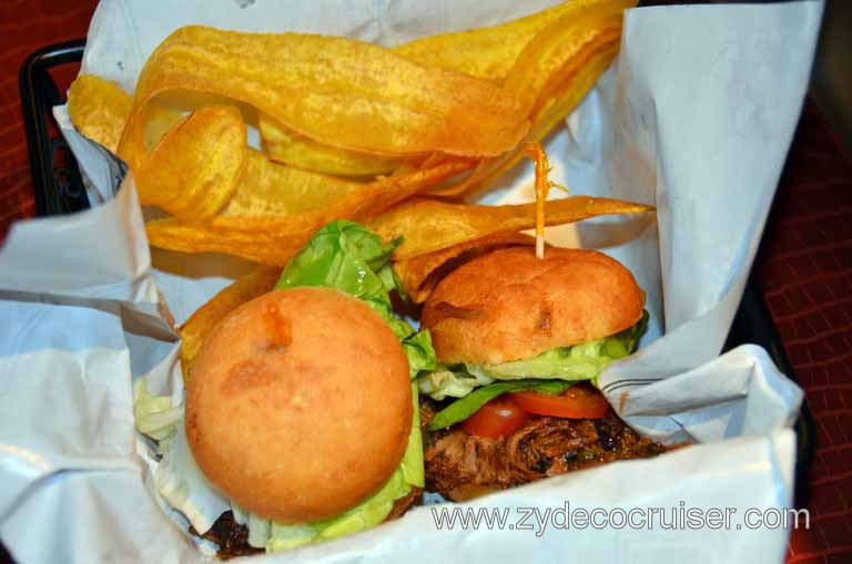 073: Carnival Magic, Mediterranean Cruise, Sea Day 3, RedFrog Pub, Jamaican Jerk Pulled Pork Sandwiches with Plantain Chips,  