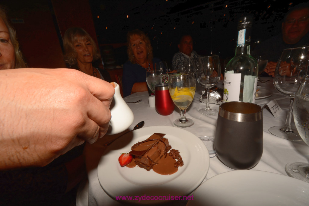049: Carnival Magic Cruise, Sea Day 1, MDR Dinner, Elegant Night, Malted Chocolate Hazelnut Cake, Warm Chocolate Sauce
