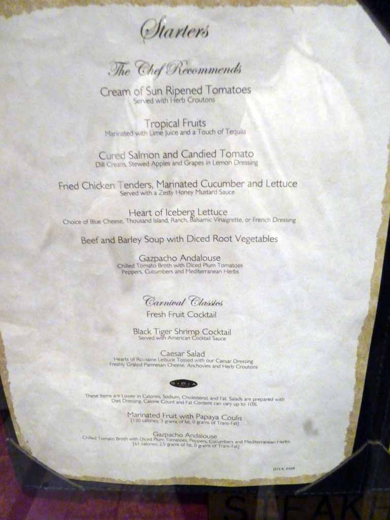 154: Carnival Spirit, Sea Day 1 - lousy picture of tonight's menu - am trying to get some real copies