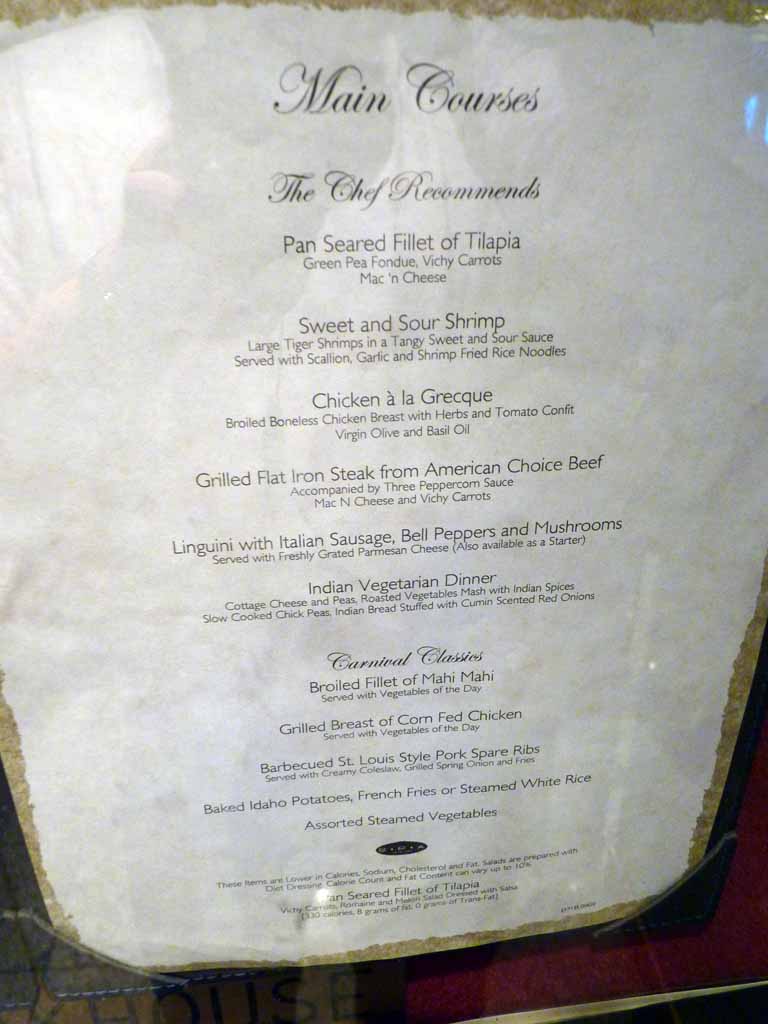 155: Carnival Spirit, Sea Day 1 - lousy picture of tonight's menu - am trying to get some real copies