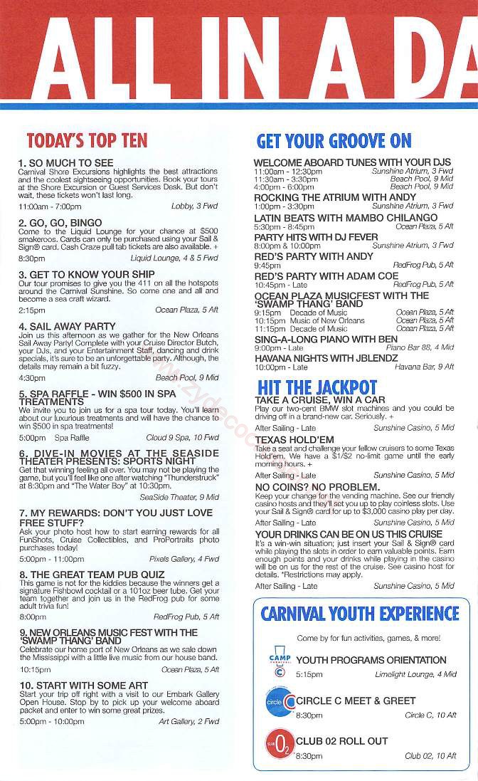 Carnival Sunshine Fun Times, Day 1, Page 2, Embarkation