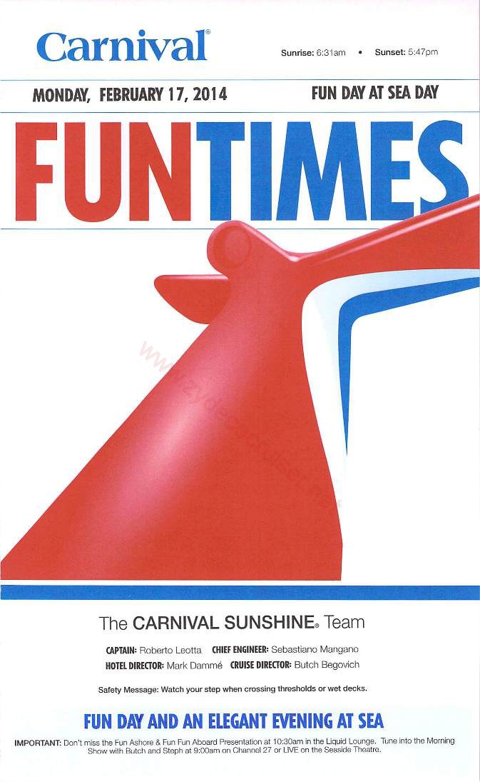 Carnival Sunshine Fun Times, Day 2, Page 1, Fun Day At Sea and Elegant Night
