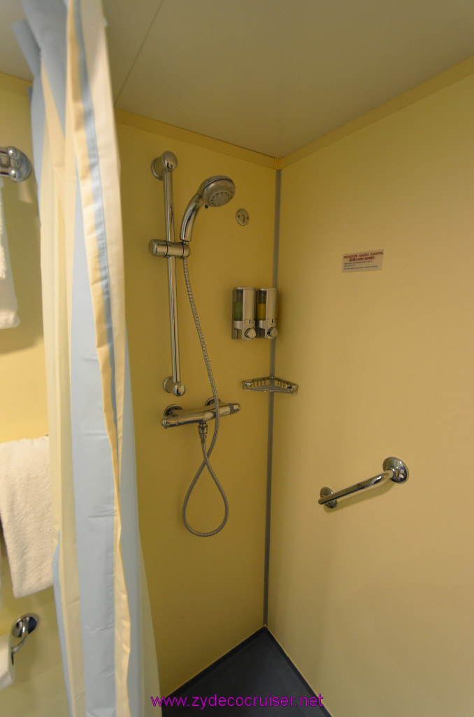 016: Carnival Sunshine Cruise, Barcelona, Embarkation, our cabin, a large shower with a great shower head