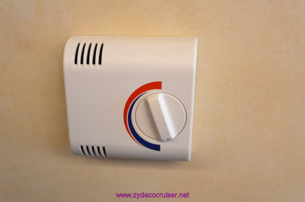 018: Carnival Sunshine Cruise, Barcelona, Embarkation, our cabin, a new thermostat. The ventilation control in the ceiling no longer does anything.