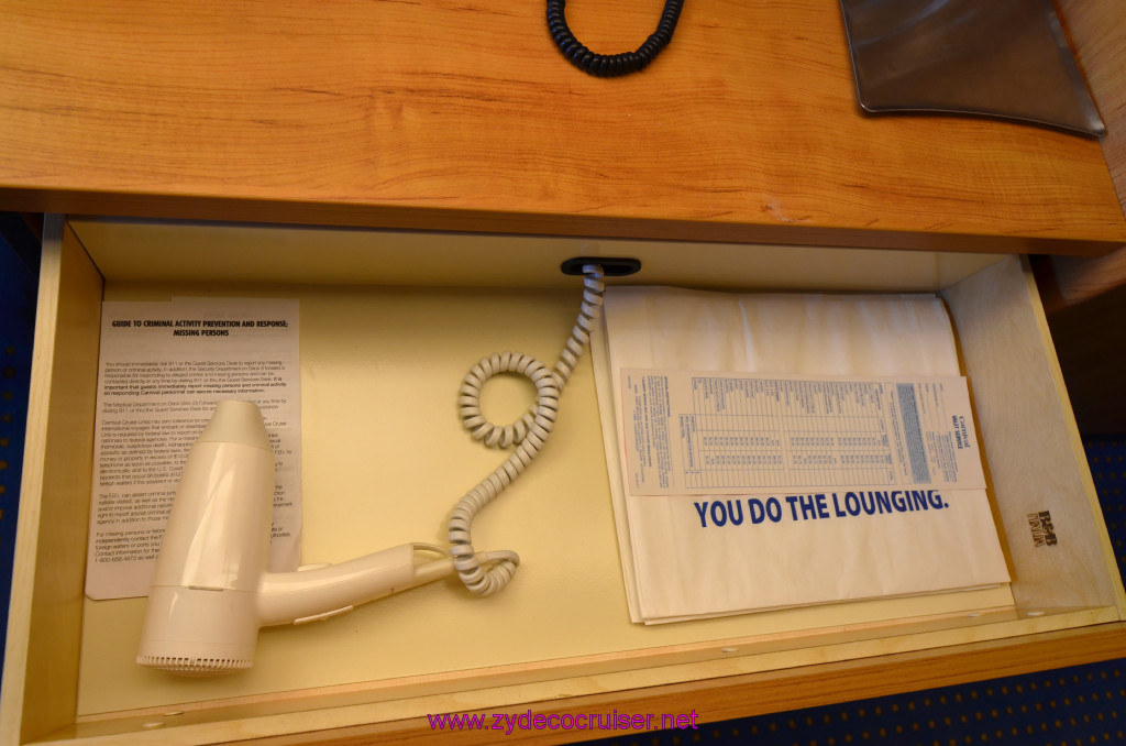 019: Carnival Sunshine Cruise, Barcelona, Embarkation, stateroom hair dryer is now in the desk drawer, 