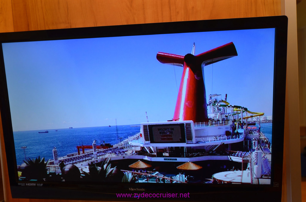 026: Carnival Sunshine Cruise, Barcelona, Embarkation, HD TV and the aft facing camera,  