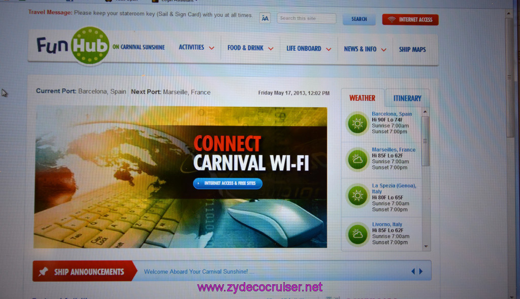 030: Carnival Sunshine Cruise, Barcelona, Embarkation, Carnival WiFi, 