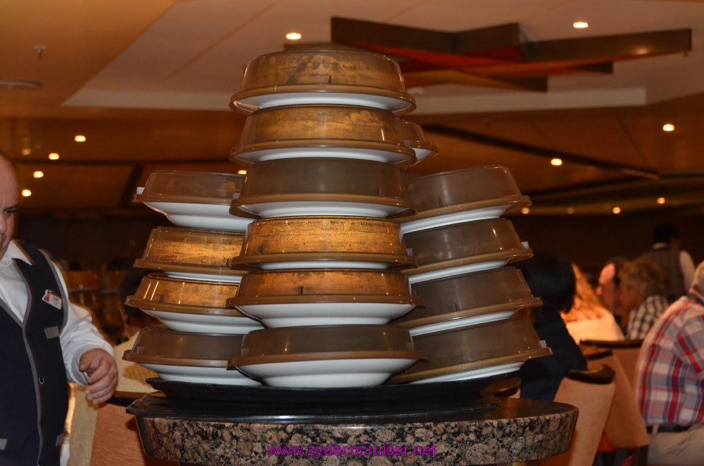 234: Carnival Sunshine Cruise, Messina, MDR Dinner, Plates stacked higher than the waiter, 