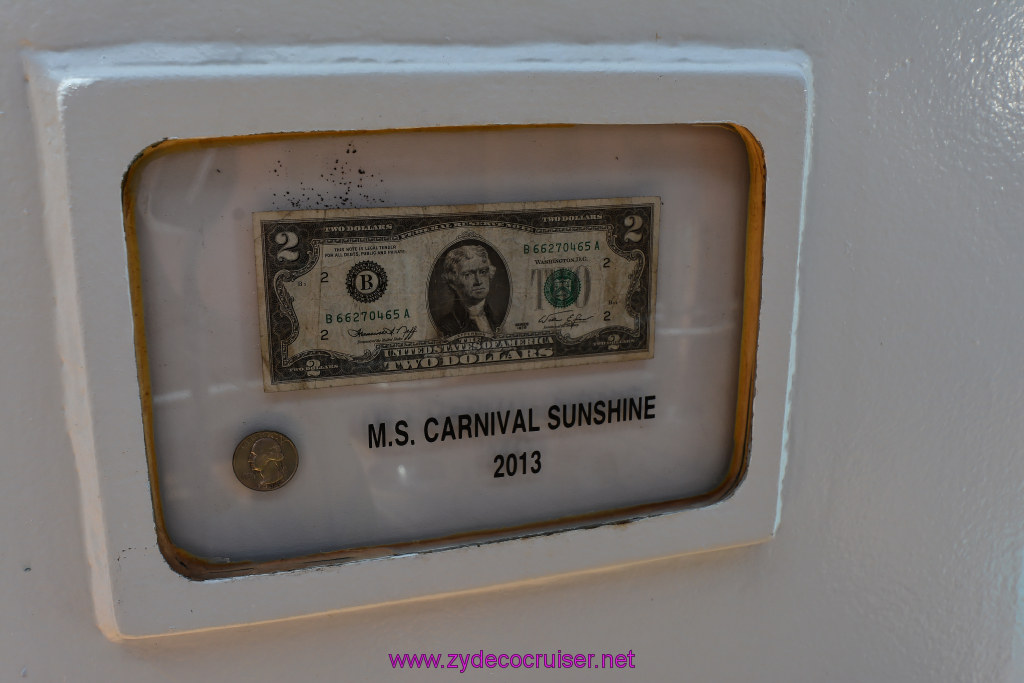 038: Carnival Sunshine Cruise, Fun Day at Sea 1, Ship Coin, a 2 dollar bill on Sunshine