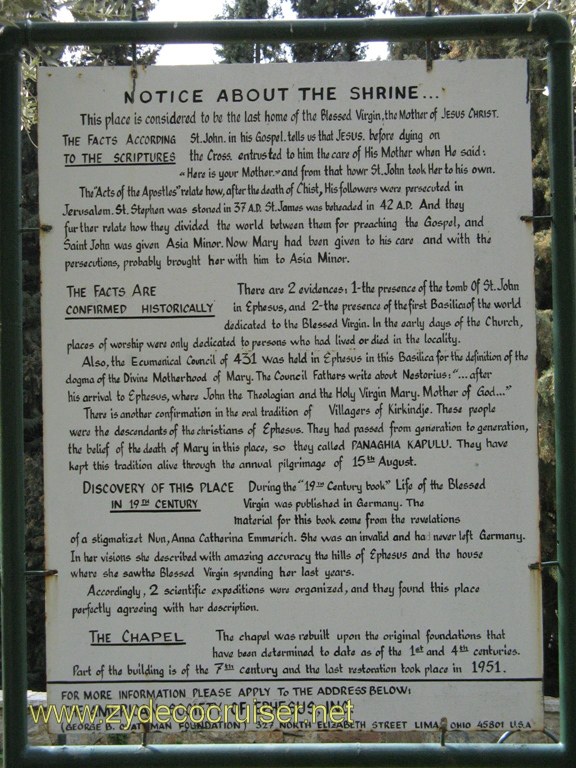 016: Carnival Freedom, Izmir, House of the Virgin Mary, Notice About the Shrine