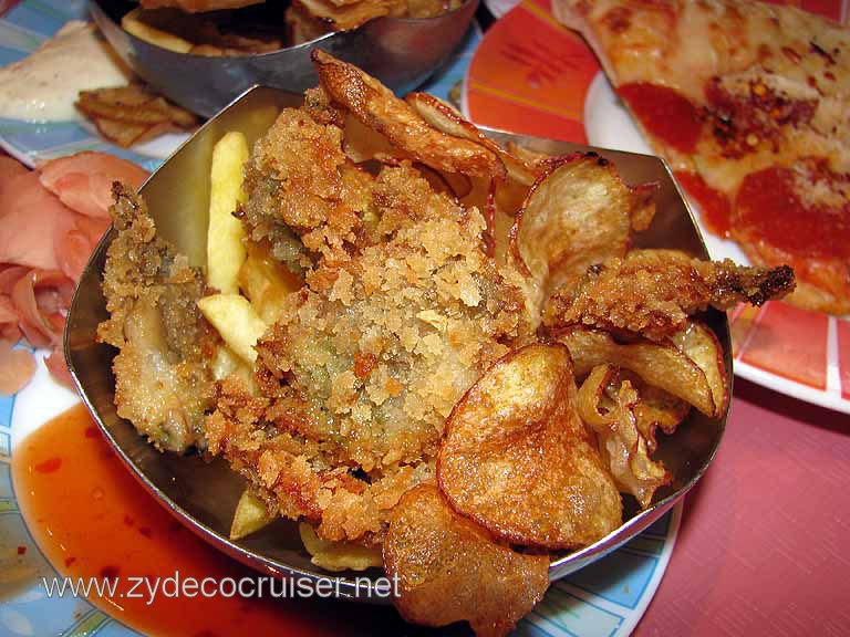 Fried oysters, homemade potato chips, French Fries, and a slice of pizza!