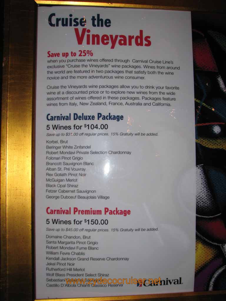 313: Carnival Splendor, South America Cruise, Buenos Aires, Cruise the Vineyards Wine Packages (old prices and selections)