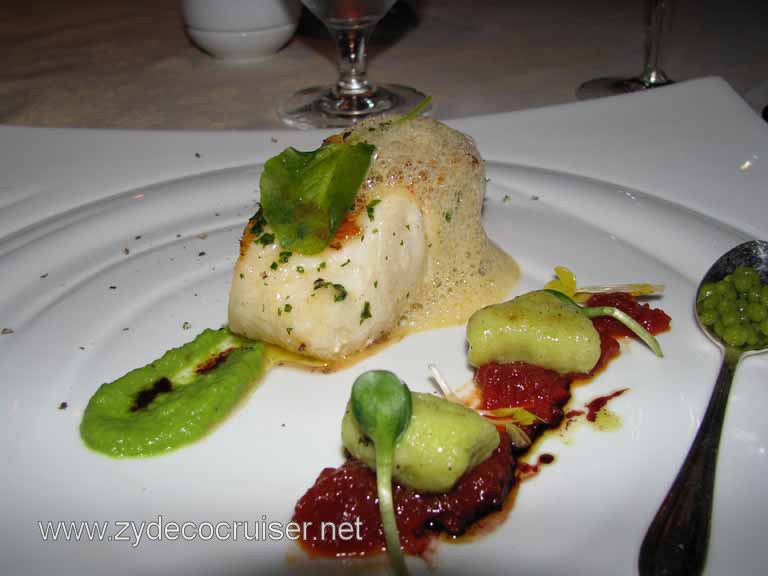 009: Carnival Splendor, Pinnacle Supper Club, Grand Tasting Menu, Chilean Seabass, Tomato Confit, Herb Essence, Green Peas Gnocchi