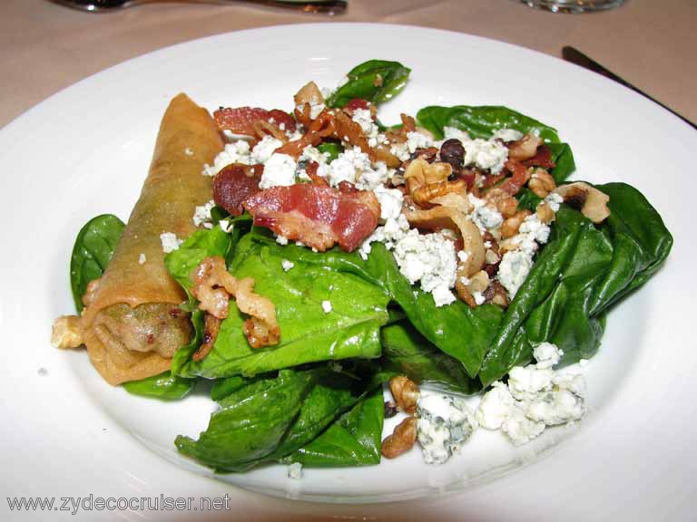 Wilted Spinach and Portobello Mushroom with Bacon Bits and Spring Roll, Carnival Splendor