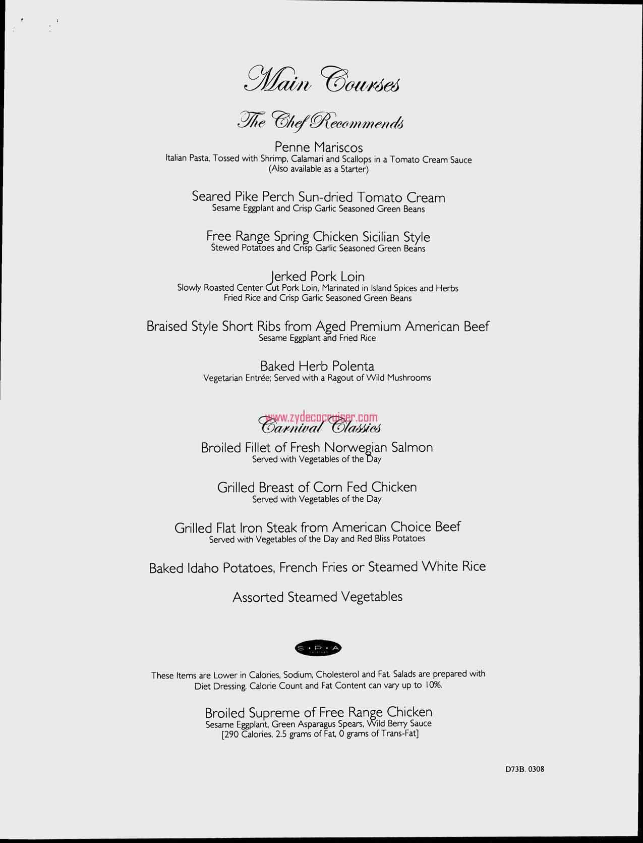 Dinner Menu, Day 2, Page 2, Carnival Freedom