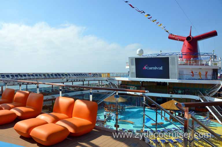 043: Carnival Magic, Grand Mediterranean, Barcelona, Orange Comfy Loungers, Beach Pool Area, Seaside Theatre, Funnel